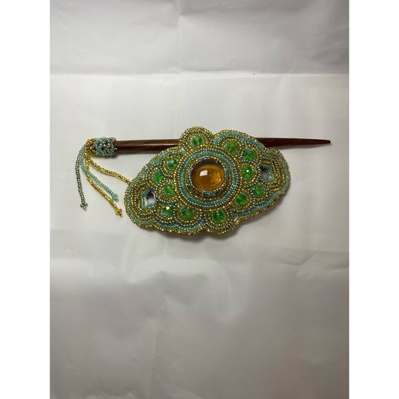 Handmade Beaded Ponytail Hair Accessory Green/Multi Tone Ponytail Beaded BoHo - Picture 3 of 5